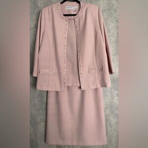 VTG ALFRED DUNNER 2pc Pink Open Beaded Jacket Elastic Waist Skirt Suit S12
